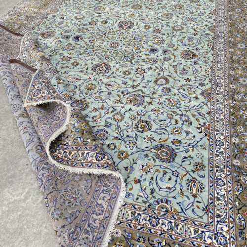 4.3x3M Signed Pistachio Tone Persian Kashan Rug