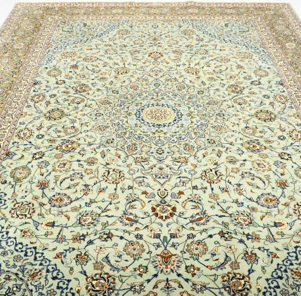 4.2×3 M Signed Pistachio Tone Persian Kashan Rug