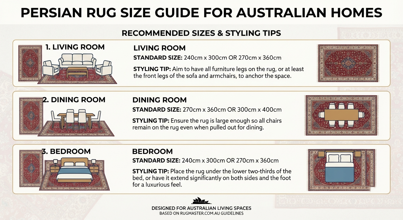 Persian Rugs Australia | The Complete Buying Guide 7 Persian rug size guide for Australian living room dining room and bedroom — RugMaster
